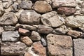 Old grey and brown rough stone wall, closeup texture background, selective focus, shallow DOF Royalty Free Stock Photo