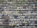 An old grey damp stone wall made of large regular blocks covered in patches of moss