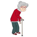 Old grey-haired senior lady, retired woman, granny with walking stick. Original hand drawn illustration