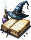 Old Grimoire with Wizard Hat Potion and Spell Book in Vintage Illustration Style Royalty Free Stock Photo