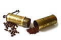 Old grinder, coffee beans and ground coffee Royalty Free Stock Photo