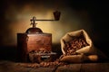 Old grinder with jute bag and coffee beans Royalty Free Stock Photo