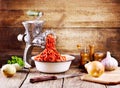 Old grinder with minced meat Royalty Free Stock Photo