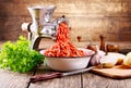Old grinder with minced meat Royalty Free Stock Photo