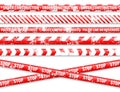 Old grunge barricade construction tape. Red police warning line, brightly colored danger or hazard stripe, ribbon