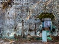 Old grunge concrete wall of abandoned building with decayed window. Old building texture background Royalty Free Stock Photo