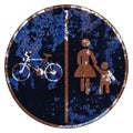 Old grunge EU road sign Mandatory sign - Segregated path for pedestrians and bicycles Royalty Free Stock Photo