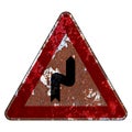 Old grunge EU road sign Warning sign - Double bend or more consecutive turns, first to the right