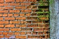 Old grunge red brick wall with concrete wall and moss, texture o Royalty Free Stock Photo