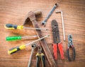Old & grunge set of hand tools many on wood floor Royalty Free Stock Photo
