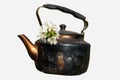 Old grunge soot vintage teapot with white flowers