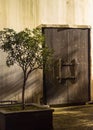 The old grunge wood door with the shade and shadow of the tree on the grunge wall at the night time Royalty Free Stock Photo