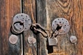 Old grunge wooden gate with rusty padlock Royalty Free Stock Photo