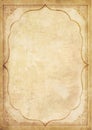 Old grungy vintage paper blank with curly oriental frame ornament. Royalty Free Stock Photo