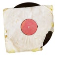 Old grungy vinyl record with yellowed torn inner sleeve, free copy space, isolated on white Royalty Free Stock Photo