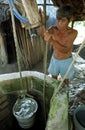 Old Guatemalan Indian man gets water from well