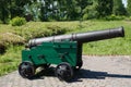 Old guns on wheels in 1812. Artillery fortress guns on wheels. Large caliber