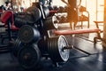 Old gym interior with equipment, Sports equipment in gym