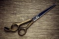 Old hairdressing scissors on wood background. - vintage style backdrop Royalty Free Stock Photo