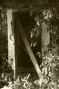 Old half-abandoned Door to the basement-cellar on the farm, black-and-white photo, Sepia. Royalty Free Stock Photo