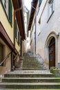 Old half-timber houses with colored shutters and long stairways