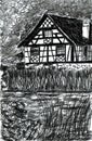 Old Half-Timbered House by a Pond, Hand Drawn Charcoal Drawing Royalty Free Stock Photo
