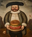 old painting of a funny man with a hamburger