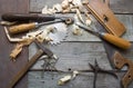 Old hand tools table upper view.