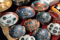 Old Handmade Ornate Pottery Plates. Set Of Decorative Ceramic Dishes Hand-painted Of Floral Pattern. Traditional