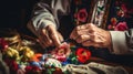 Close up of wrinkled tired fingers and hands doing knitting. Handmade skills. Royalty Free Stock Photo