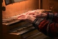 Old Hands of an organist playing on the organ keyboard also called manual, traditional musical instrument in the church, copy Royalty Free Stock Photo