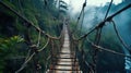 Old hanging bridge in tropical forest, vintage suspension wood path in musty jungle. Concept of travel, journey, lost world, Royalty Free Stock Photo