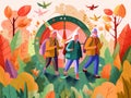 old happy hiking couple senior grandfather walking active elderly trekking. Generative AI.