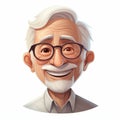 Old happy man in glasses wide smile cartoon character. Grandfather avatar, active elderly concept