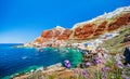 The old harbor of Ammoudi under the famous village of Ia at Santorini Royalty Free Stock Photo