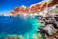 The old harbor of Ammoudi under the famous village of Ia at Santorini Royalty Free Stock Photo