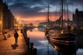 Old harbor of Gdansk at night, Poland. Long exposure, Old Leiths Docks at Twilight. Edinburgh, Scotland, AI Generated