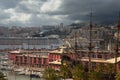 Harbour of Genoa Genova, Italy. View of the old port with a cloudy sky