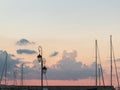 Old harbor ship mast and vintage old lamp sunset sky Royalty Free Stock Photo