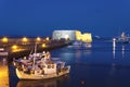 Old harbour of Heraklion with Venetian Koules Fortress, boats and marina at night, Crete.