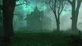 Old haunted abandoned mansion in creepy night forest with cold fog atmosphere, 3d rendering