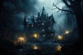 Old haunted abandoned mansion in creepy night forest. Halloween haunted house. Generative AI Royalty Free Stock Photo