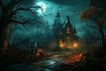 Old haunted house with lights and scary pumpkins on Halloween night Royalty Free Stock Photo