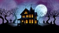 Old haunted house surrounded by silhouettes of trees with the big white moon behind over purple sky with foggy background. Vector