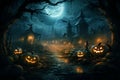 Old haunted town with lights and scary pumpkins on Halloween night Royalty Free Stock Photo