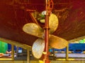 Old heavy ship`s propeller of the rusty shipwreck vessel Royalty Free Stock Photo