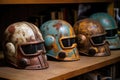old helmets with patina and scratches