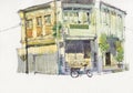 Old heritage town scenery building watercolor painting
