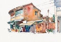 Old heritage town scenery building watercolor painting