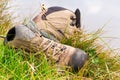 Old hiking boots close-up Royalty Free Stock Photo